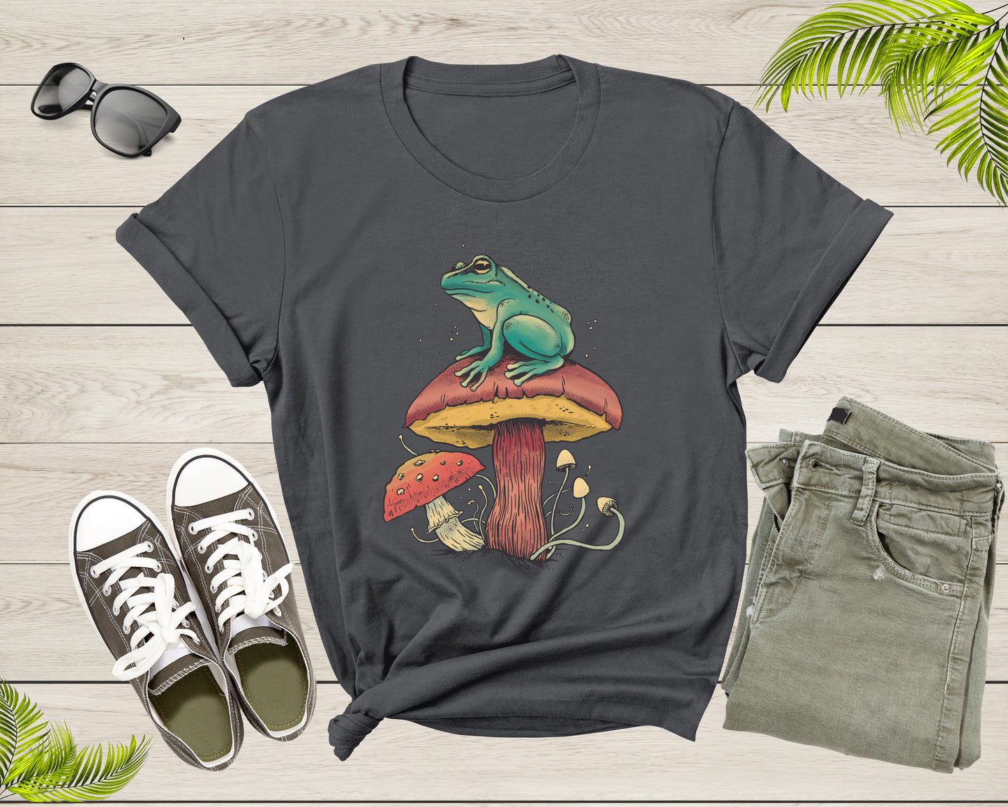 Cool Green Frog Toad Animal Sitting on Mushrooms Thinking T-Shirt Frog Lover Shirt Frog And Toad Mushroom Shirt Frog Lover Animal Tshirt