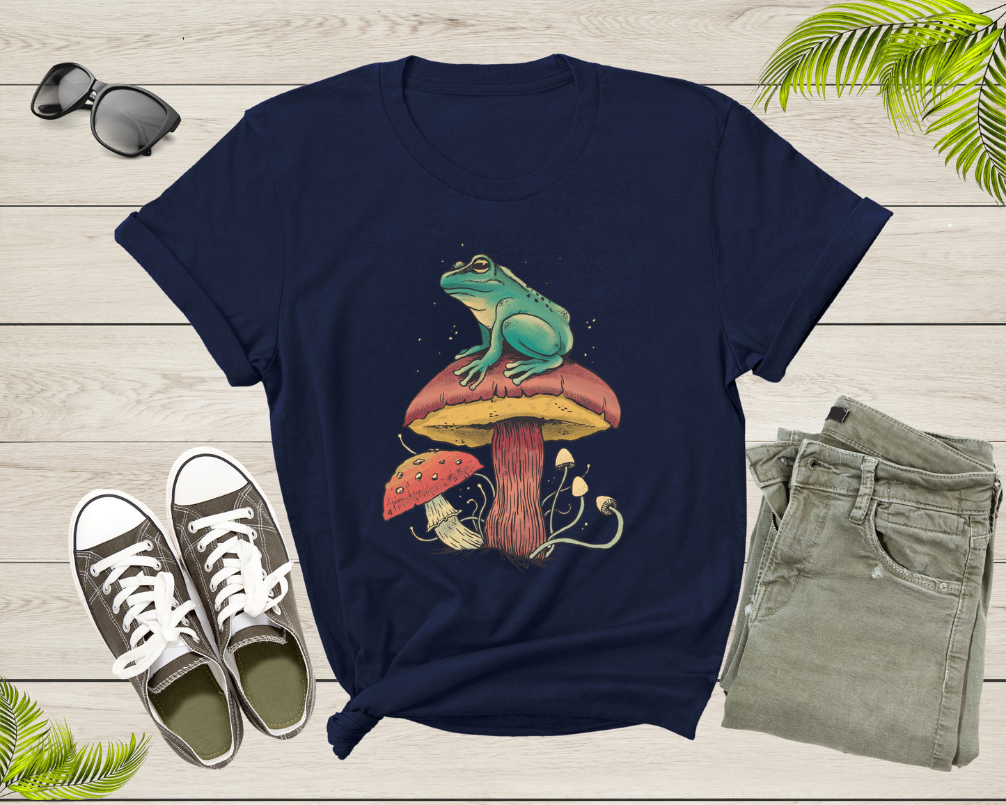 Cool Green Frog Toad Animal Sitting on Mushrooms Thinking T-Shirt Frog Lover Shirt Frog And Toad Mushroom Shirt Frog Lover Animal Tshirt