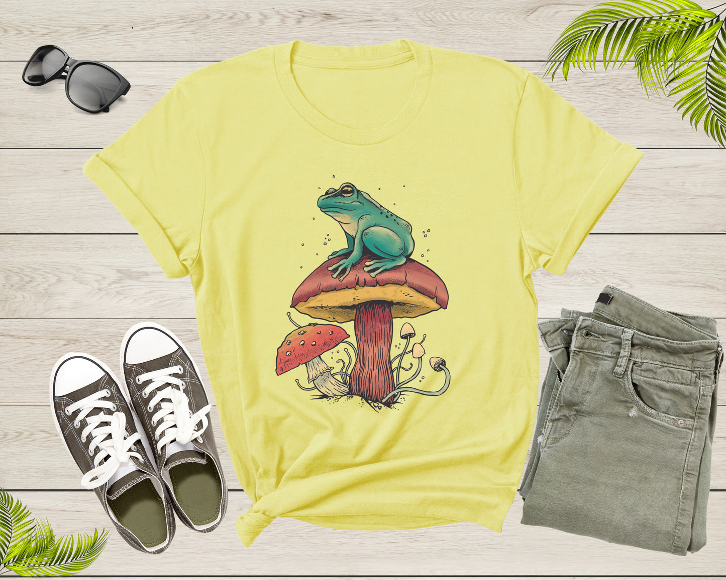 Cool Green Frog Toad Animal Sitting on Mushrooms Thinking T-Shirt Frog Lover Shirt Frog And Toad Mushroom Shirt Frog Lover Animal Tshirt