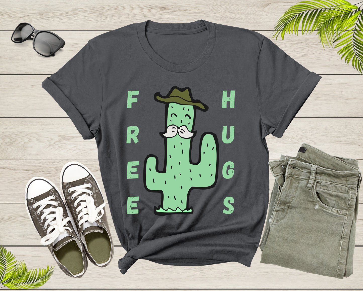 Funny Desert Cactus Cowboy Hat Mustache Free Hugs Sarcastic T-Shirt Cactus Lover Gift T Shirt for Men Women Kids Boys Girls Graphic Tshirt