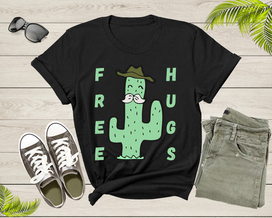 Funny Desert Cactus Cowboy Hat Mustache Free Hugs Sarcastic T-Shirt Cactus Lover Gift T Shirt for Men Women Kids Boys Girls Graphic Tshirt