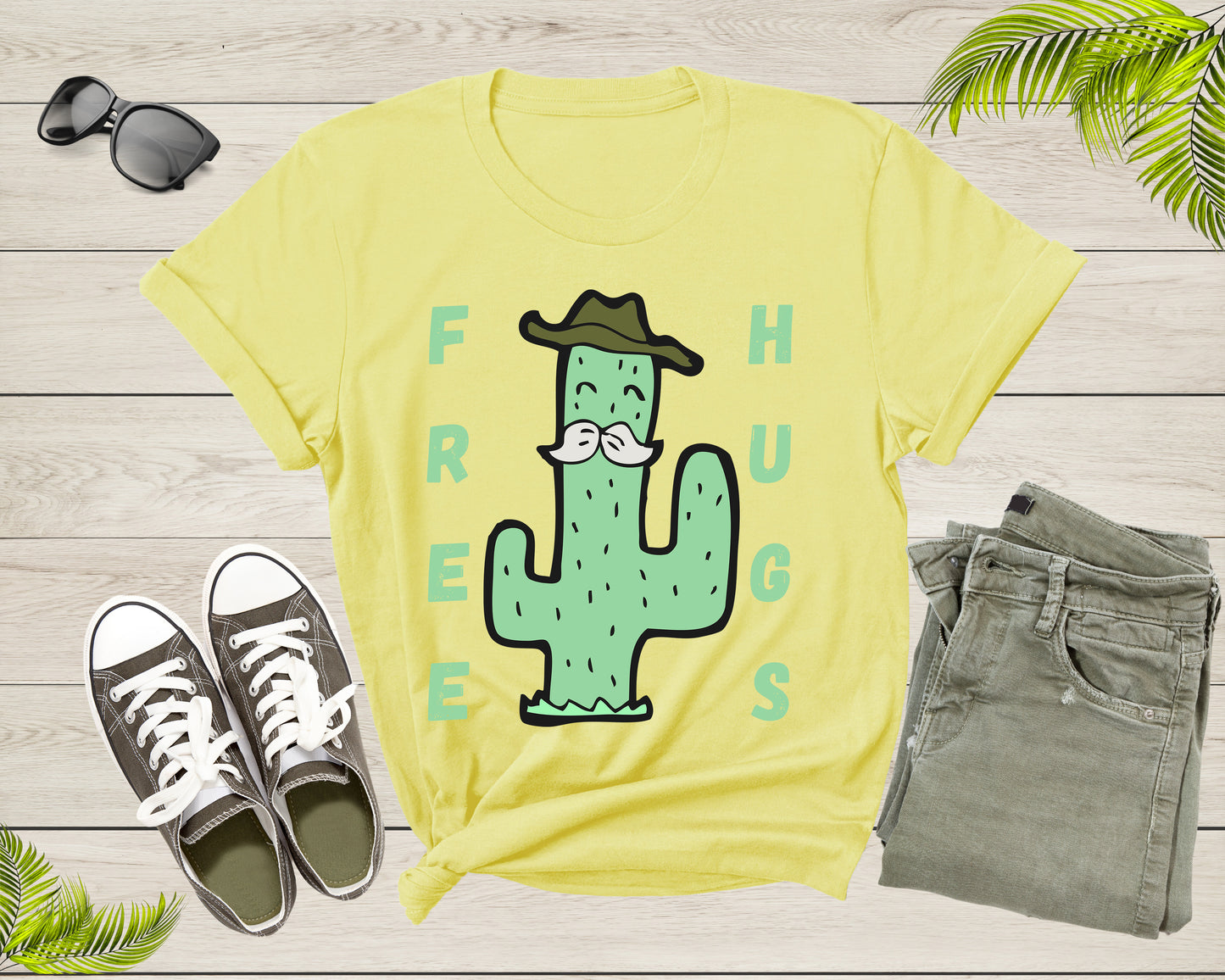Funny Desert Cactus Cowboy Hat Mustache Free Hugs Sarcastic T-Shirt Cactus Lover Gift T Shirt for Men Women Kids Boys Girls Graphic Tshirt