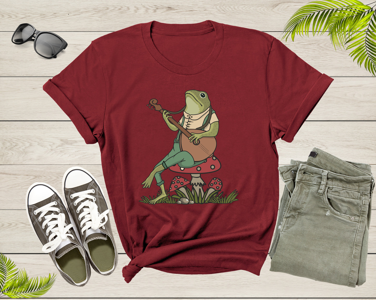 Green Frog Toad Animal Sitting on Mushrooms Playing Music T-Shirt Frog Lover Shirt Frog And Toad Mushroom Shirt Frog Lover Animal Tshirt