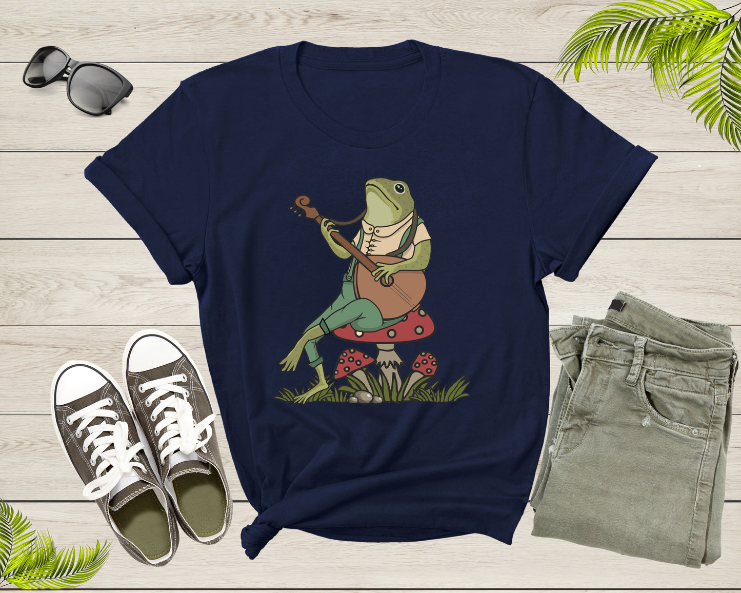 Green Frog Toad Animal Sitting on Mushrooms Playing Music T-Shirt Frog Lover Shirt Frog And Toad Mushroom Shirt Frog Lover Animal Tshirt