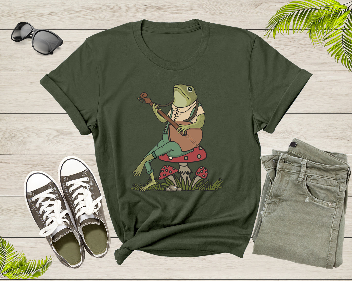 Green Frog Toad Animal Sitting on Mushrooms Playing Music T-Shirt Frog Lover Shirt Frog And Toad Mushroom Shirt Frog Lover Animal Tshirt