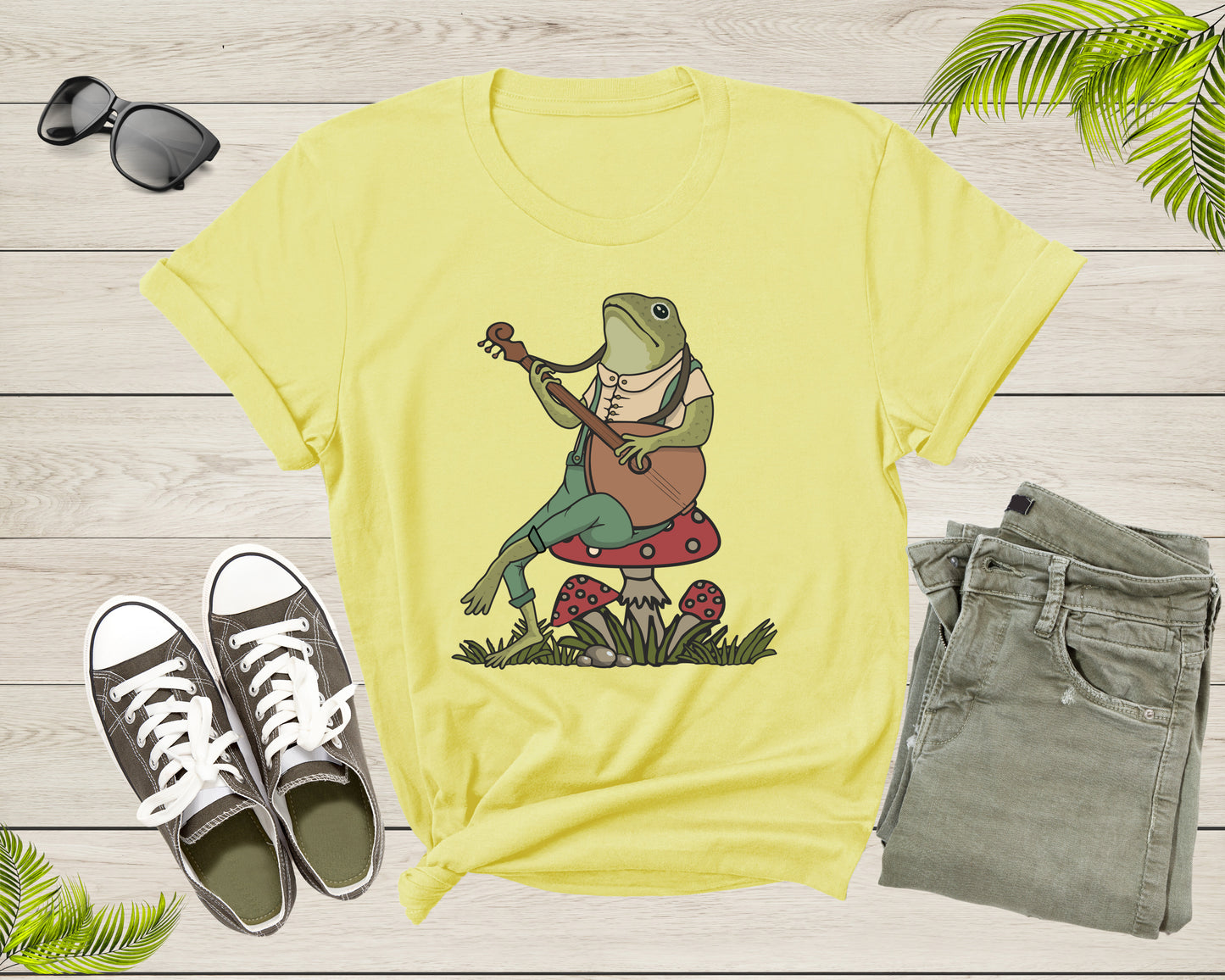 Green Frog Toad Animal Sitting on Mushrooms Playing Music T-Shirt Frog Lover Shirt Frog And Toad Mushroom Shirt Frog Lover Animal Tshirt