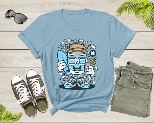 Happy Blue Coffee Cup Surfer with Sunglasses Holding Coffee T-Shirt Surf Coffee Lover Gift T Shirt for Men Women Kids Boys Girls Tshirt