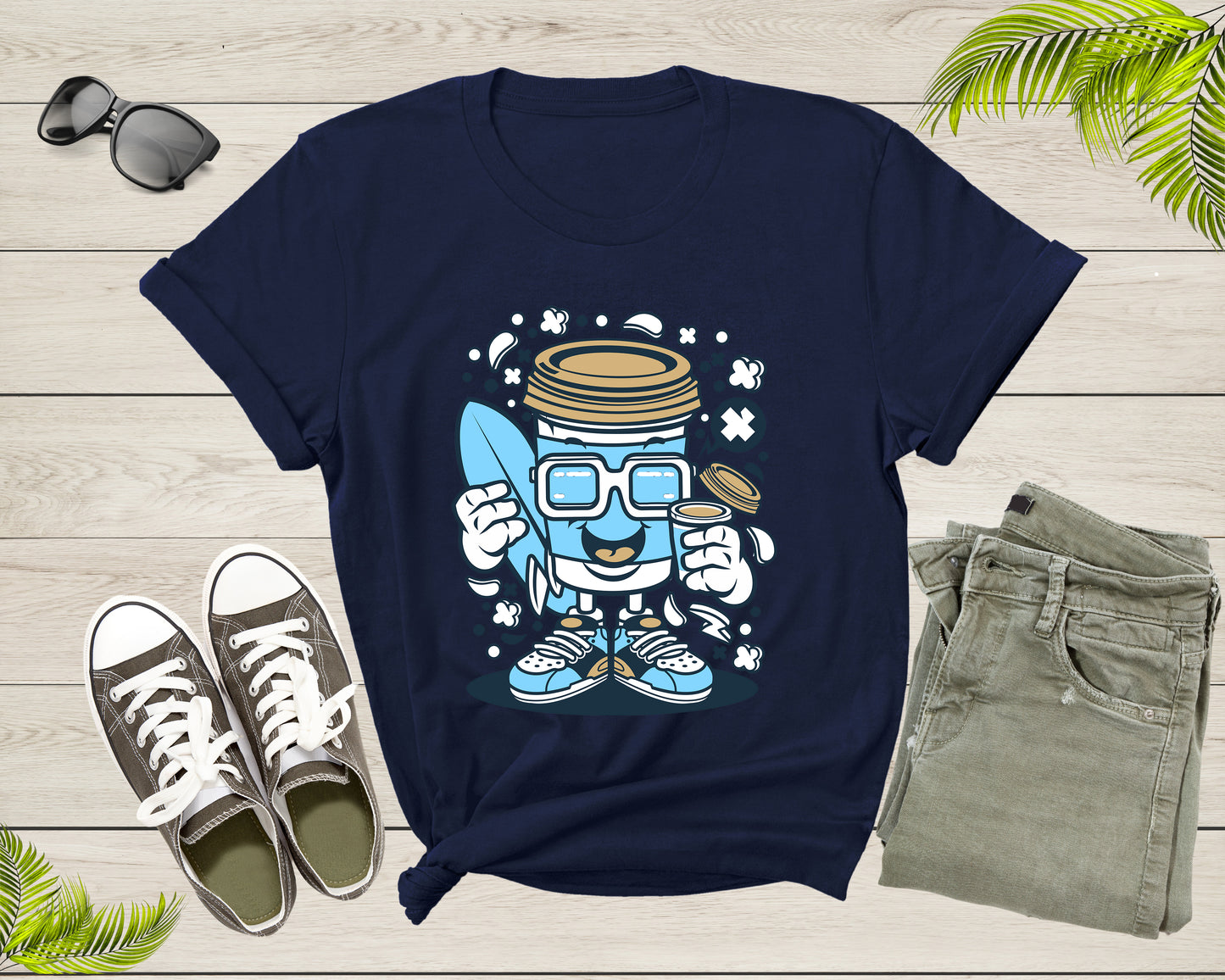 Happy Blue Coffee Cup Surfer with Sunglasses Holding Coffee T-Shirt Surf Coffee Lover Gift T Shirt for Men Women Kids Boys Girls Tshirt