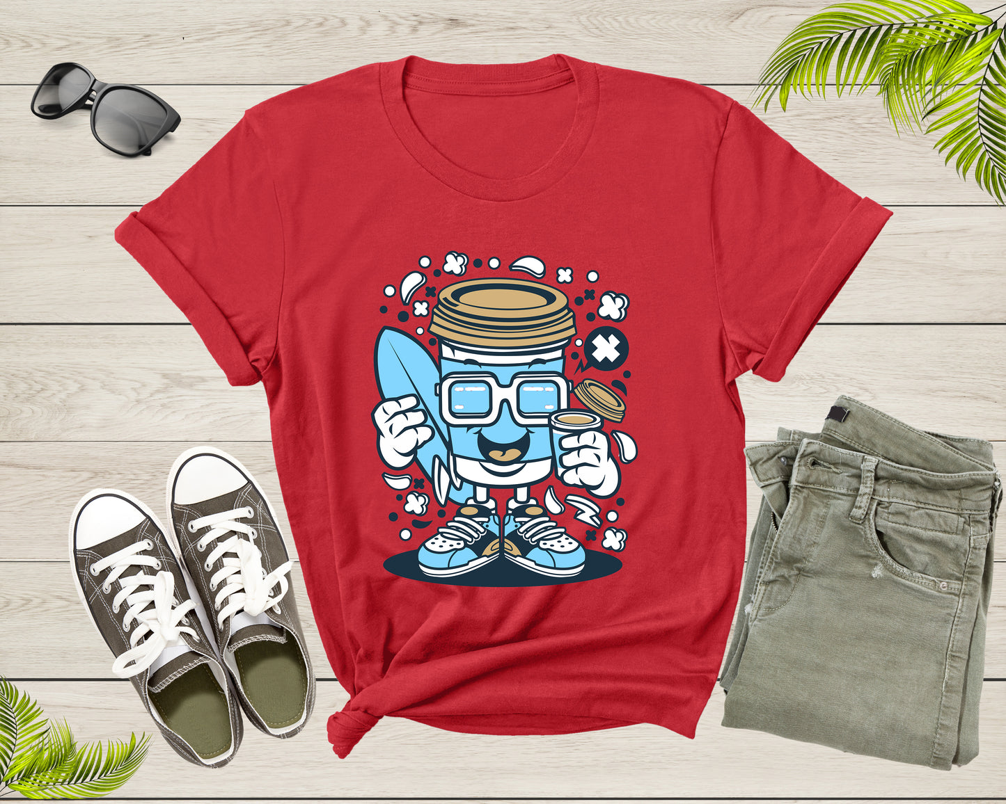 Happy Blue Coffee Cup Surfer with Sunglasses Holding Coffee T-Shirt Surf Coffee Lover Gift T Shirt for Men Women Kids Boys Girls Tshirt