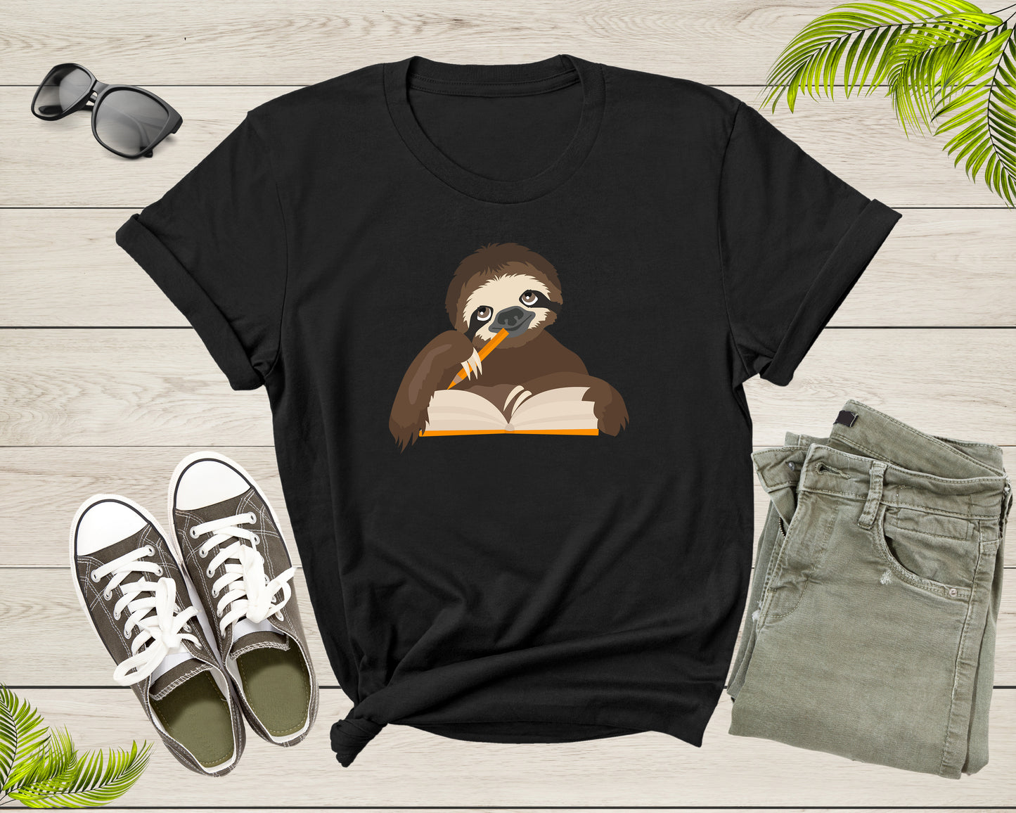 Happy Student Sloth Reading Writing Book Study Pencil Desk T-Shirt Reading Sloth Lover Gift T Shirt for Men Women Kids Boys Girls Tshirt