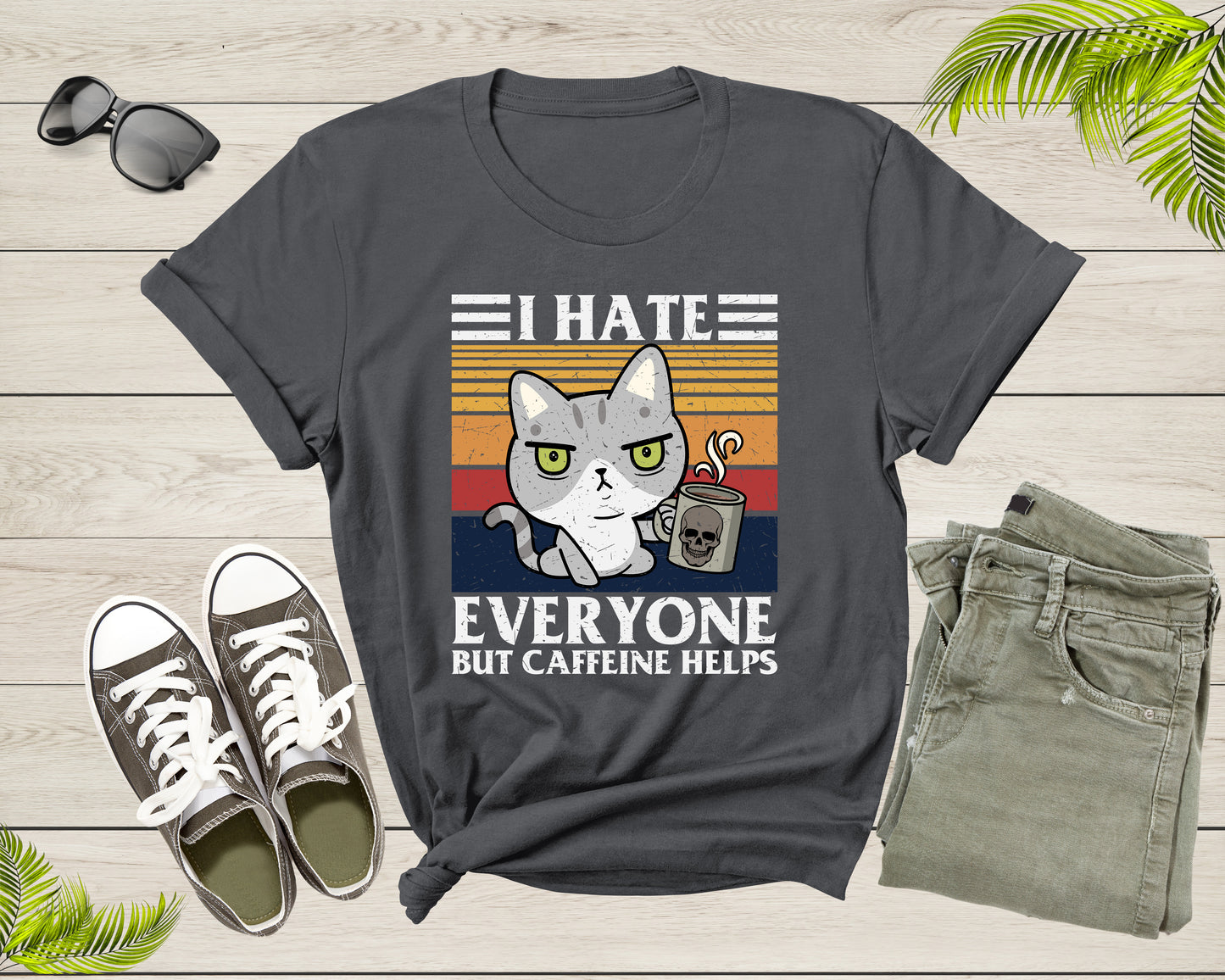 I Hate Everyone But Caffeine Helps Funny Sarcastic Angry Cat T-Shirt Angry Cat Lover Gift T Shirt for Men Women Kids Boys Girls Tshirt