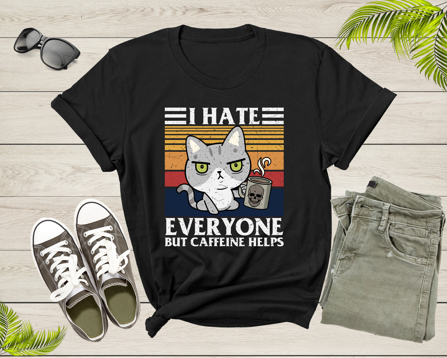 I Hate Everyone But Caffeine Helps Funny Sarcastic Angry Cat T-Shirt Angry Cat Lover Gift T Shirt for Men Women Kids Boys Girls Tshirt