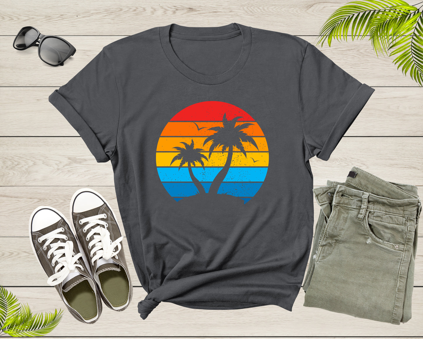 Palm Trees Sunset Sunrise Sea Ocean View Nature Flying Birds T-Shirt Palm Tree Lover Gift T Shirt for Men Women Kids Boys Girls Tshirt