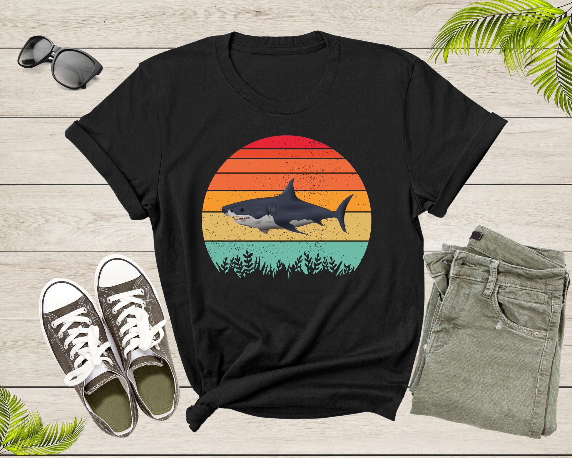 Retro Sunset Vintage Cute Shark Lover Fish Animal Lover Gifts Men Shirt T-Shirt Ocean Life Shirt Shark Birthday Shirt for Women Men Kids Black / 3XL