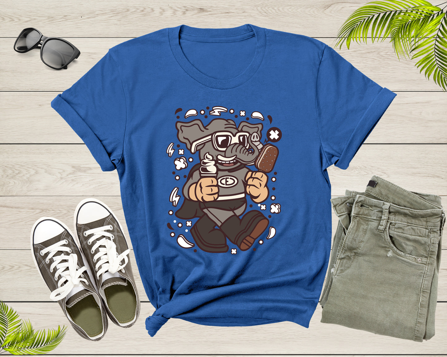 Superhero Elephant with Sunglasses Walking Eating Ice Cream T-Shirt Elephant Lover Gift T Shirt for Men Women Kids Boys Girls Teens Tshirt