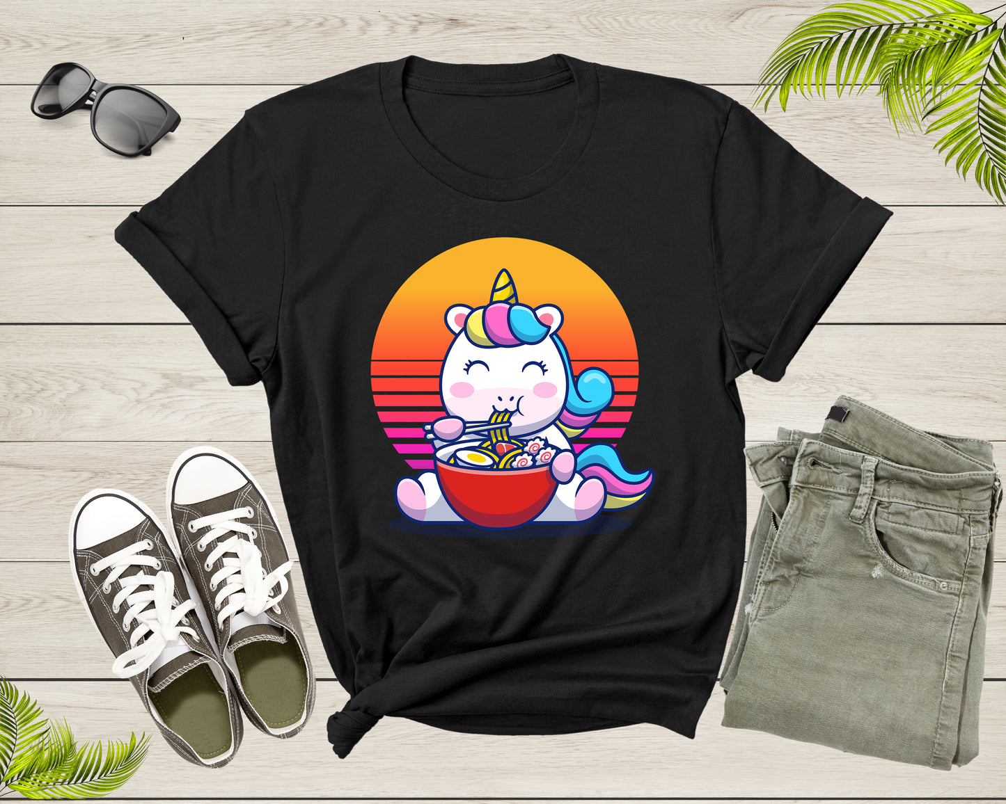 Unicorn Character Eating Japanese Ramen Noodle Retro Sunset T-Shirt Japanese Ramen Noodle Foodie Shirt Ramen Lover Gift Noodle Lover Gift