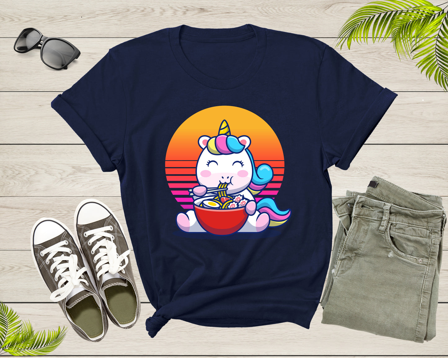 Unicorn Character Eating Japanese Ramen Noodle Retro Sunset T-Shirt Japanese Ramen Noodle Foodie Shirt Ramen Lover Gift Noodle Lover Gift