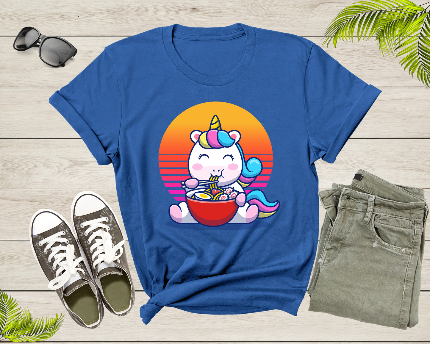 Unicorn Character Eating Japanese Ramen Noodle Retro Sunset T-Shirt Japanese Ramen Noodle Foodie Shirt Ramen Lover Gift Noodle Lover Gift