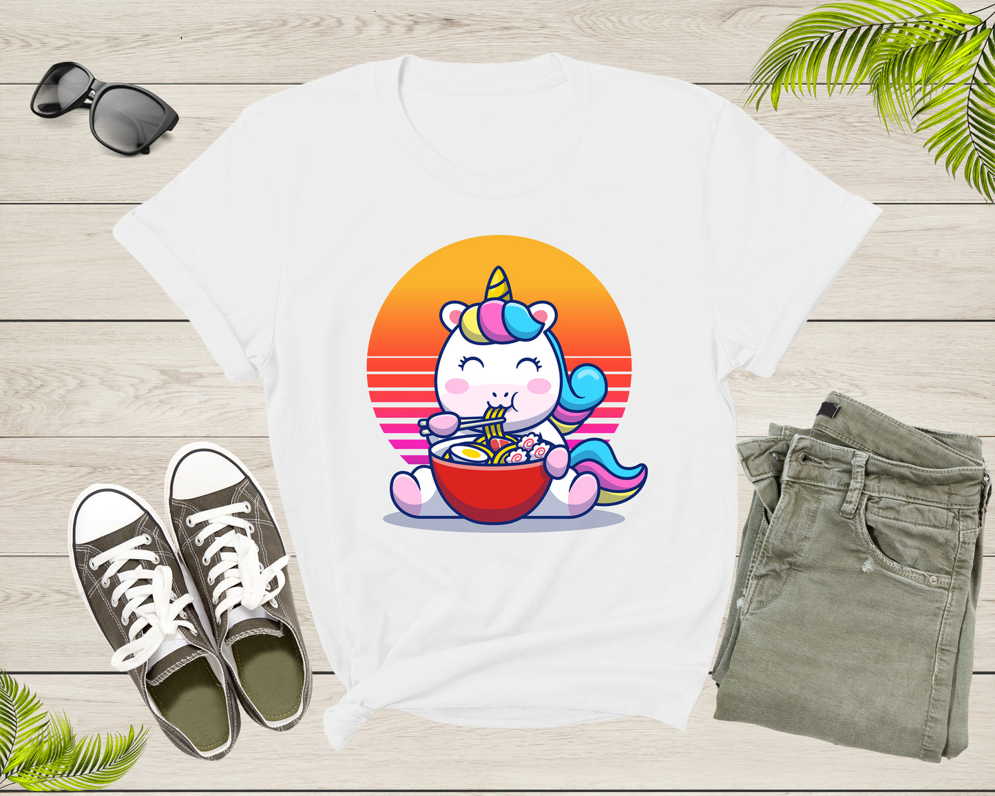 Unicorn Character Eating Japanese Ramen Noodle Retro Sunset T-Shirt Japanese Ramen Noodle Foodie Shirt Ramen Lover Gift Noodle Lover Gift