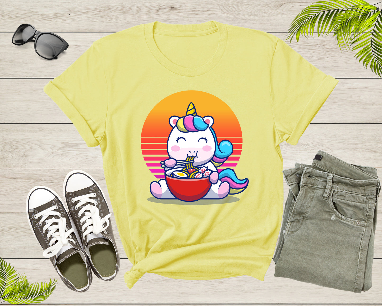 Unicorn Character Eating Japanese Ramen Noodle Retro Sunset T-Shirt Japanese Ramen Noodle Foodie Shirt Ramen Lover Gift Noodle Lover Gift