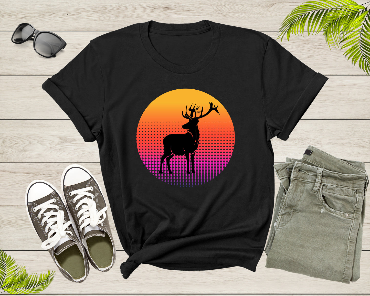 Xmas Deer Reindeer Elk Wild Animal Silhouette at Sunset T-Shirt Cool Christmas Lover Gift T Shirt for Men Women Boys Girls Teens Tshirt