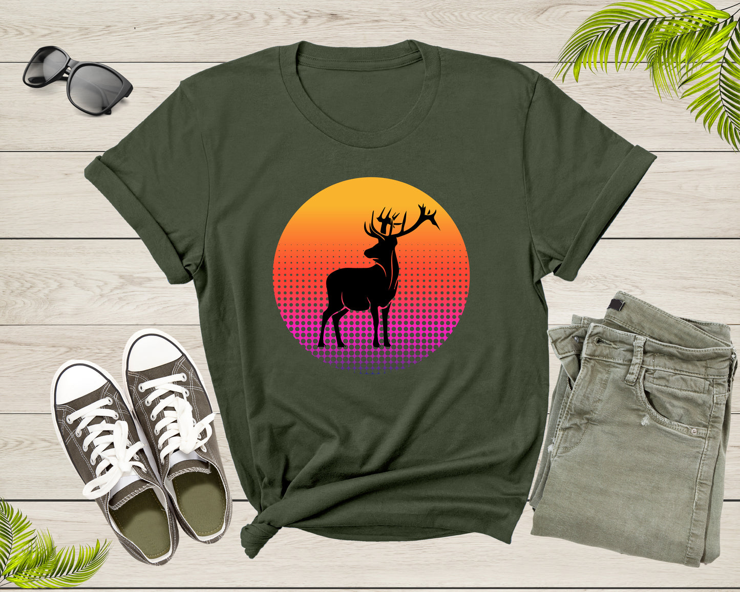 Xmas Deer Reindeer Elk Wild Animal Silhouette at Sunset T-Shirt Cool Christmas Lover Gift T Shirt for Men Women Boys Girls Teens Tshirt