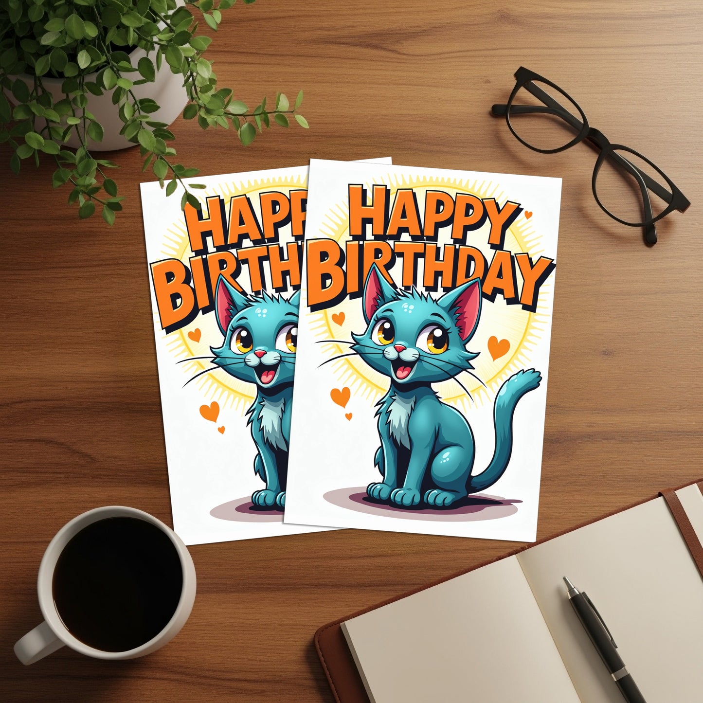 Two birthday cards featuring a cartoon blue cat with orange hearts and sunbursts.