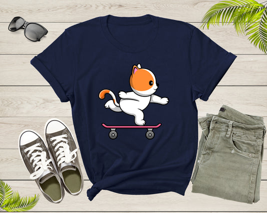 Skateboarding Happy Cat Skateboard Cute Sporty Animal Kitten T-Shirt Skateboarder Cat Lover Gift T Shirt for Men Women Boys Girls Tshirt