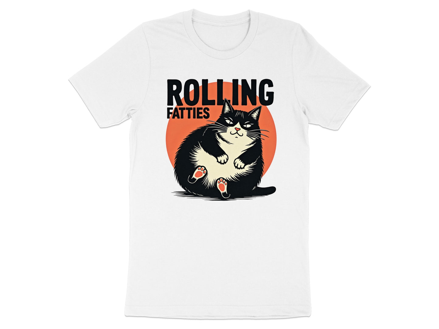 Chubby black cat with arms outstretched on a white t-shirt, text "ROLLING FATTIES".