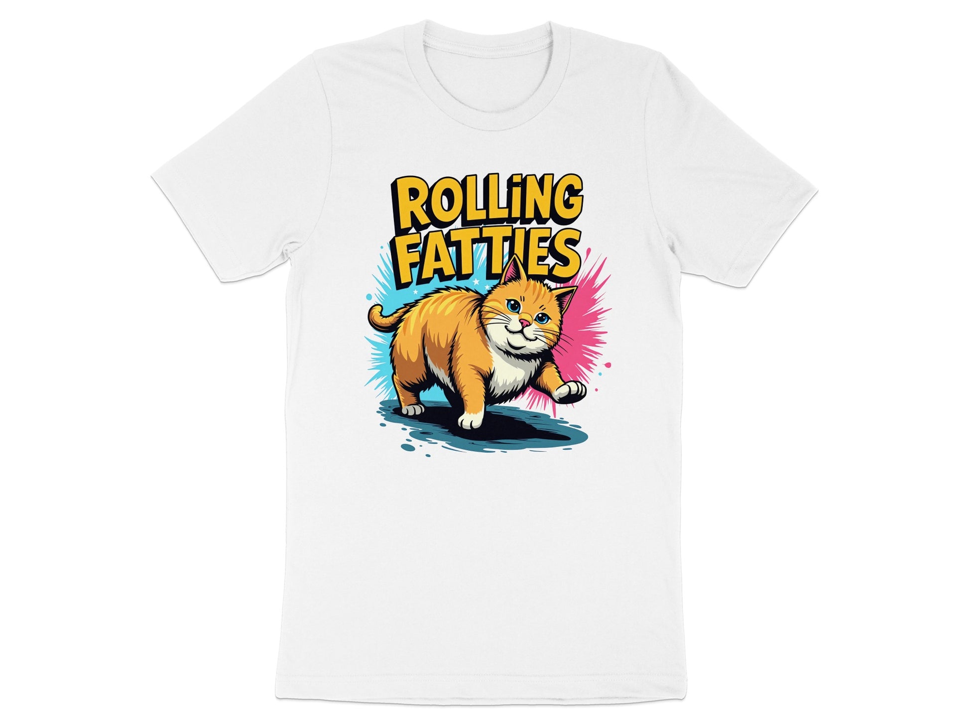 Orange cat with blue and pink spray paint splatters and "Rolling Fatties" text on white t-shirt.