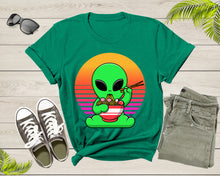 Load image into Gallery viewer, Cute Alien Mascot Eating Japanese Ramen Noodle Retro Sunset T-Shirt UFO Alien Lover Gift Shirt for Men Women Kids Boys Girls Graphic TShirt
