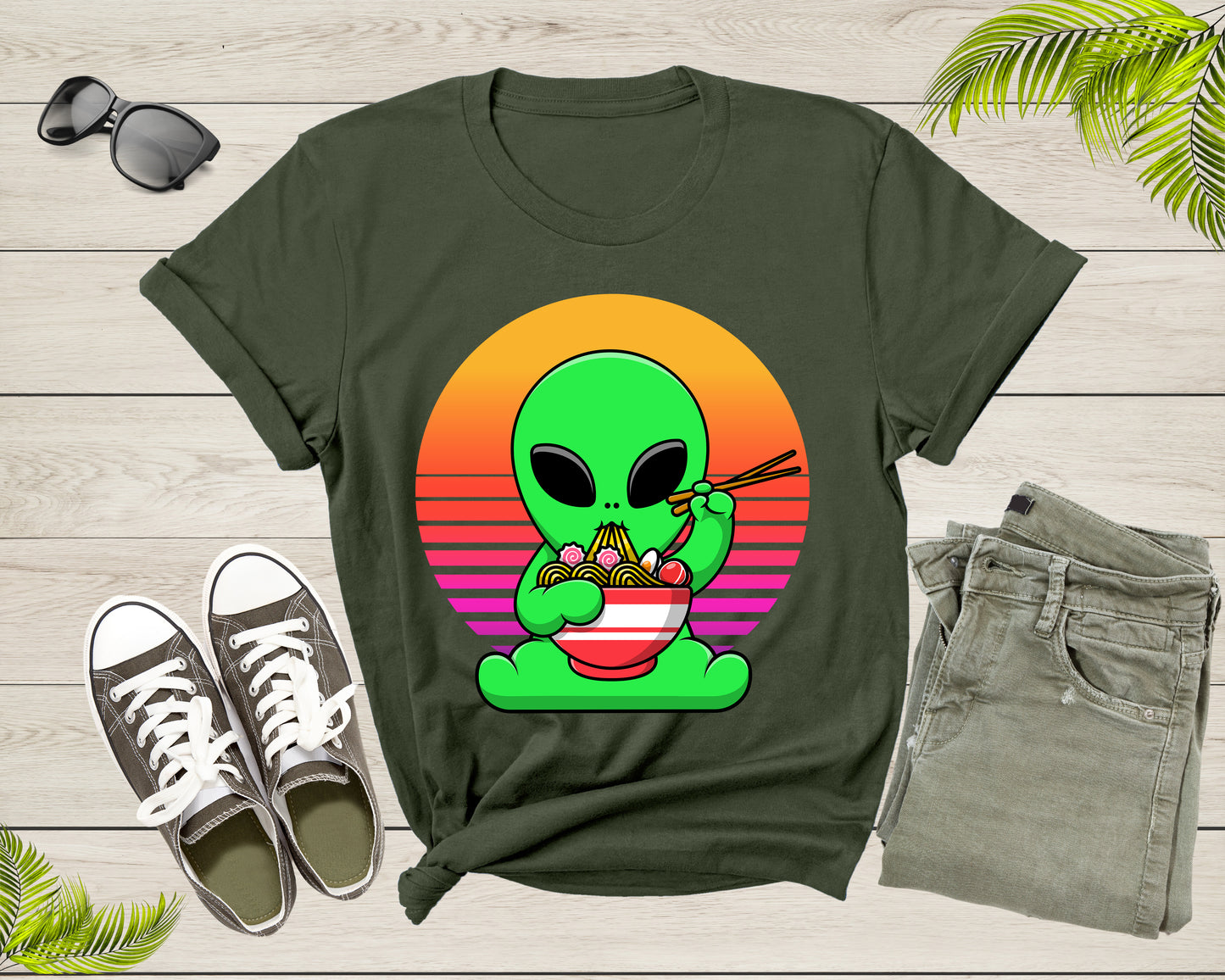 Cute Alien Mascot Eating Japanese Ramen Noodle Retro Sunset T-Shirt UFO Alien Lover Gift Shirt for Men Women Kids Boys Girls Graphic TShirt