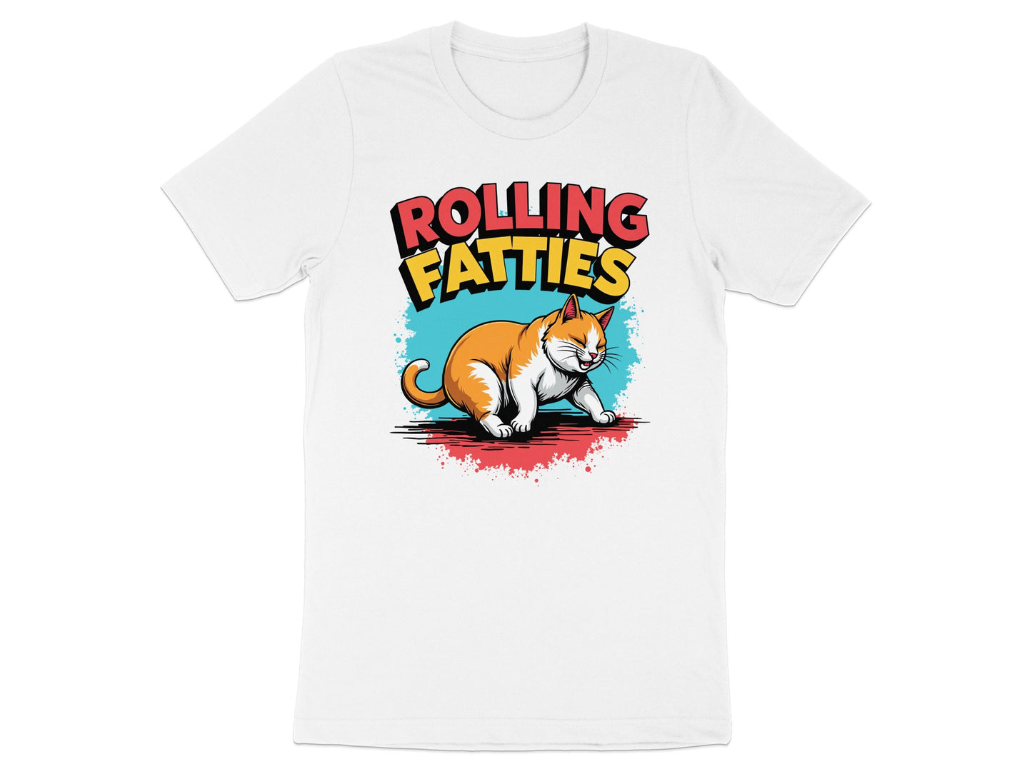 Orange and white cat illustration on a white t-shirt with "ROLLING FATTTIES" text.