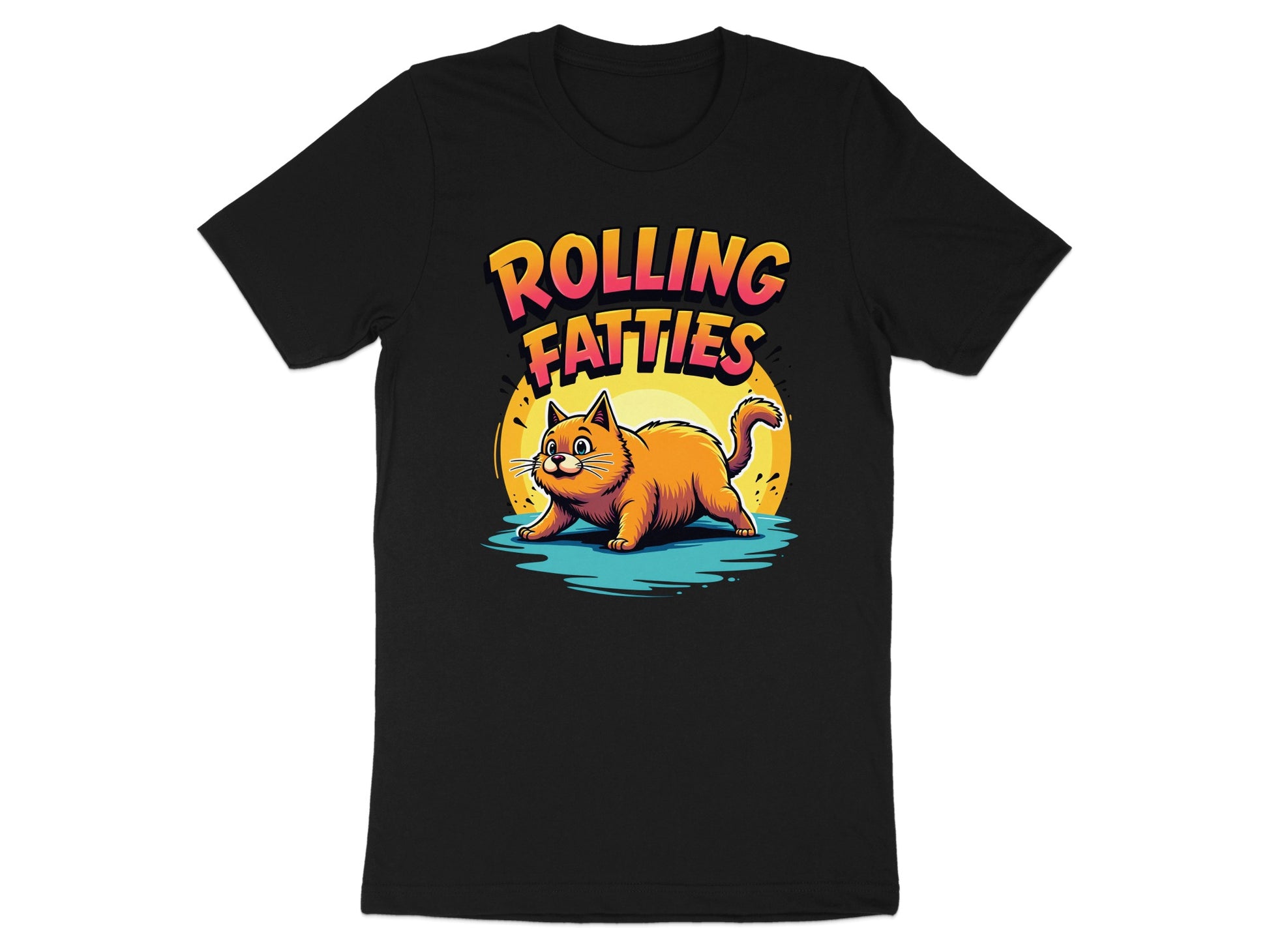 Black t-shirt with a cartoon cat and "ROLLING FATTIES" text.