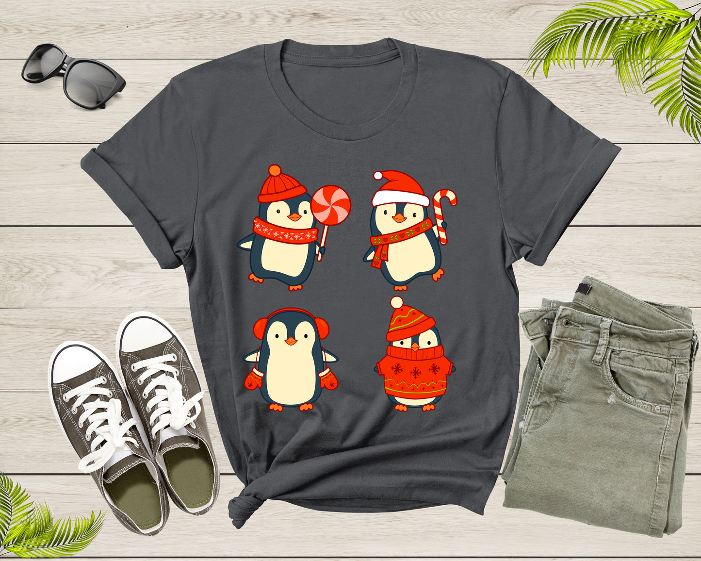 Cute Christmas Penguins Candy Canes Mittens Xmas Art Design T-Shirt Penguin Lover Gift T Shirt for Men Women Kids Boys Girls Graphic TShirt