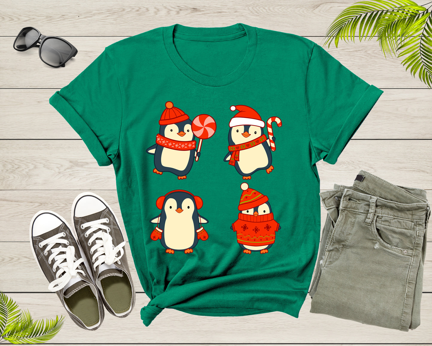 Cute Christmas Penguins Candy Canes Mittens Xmas Art Design T-Shirt Penguin Lover Gift T Shirt for Men Women Kids Boys Girls Graphic TShirt