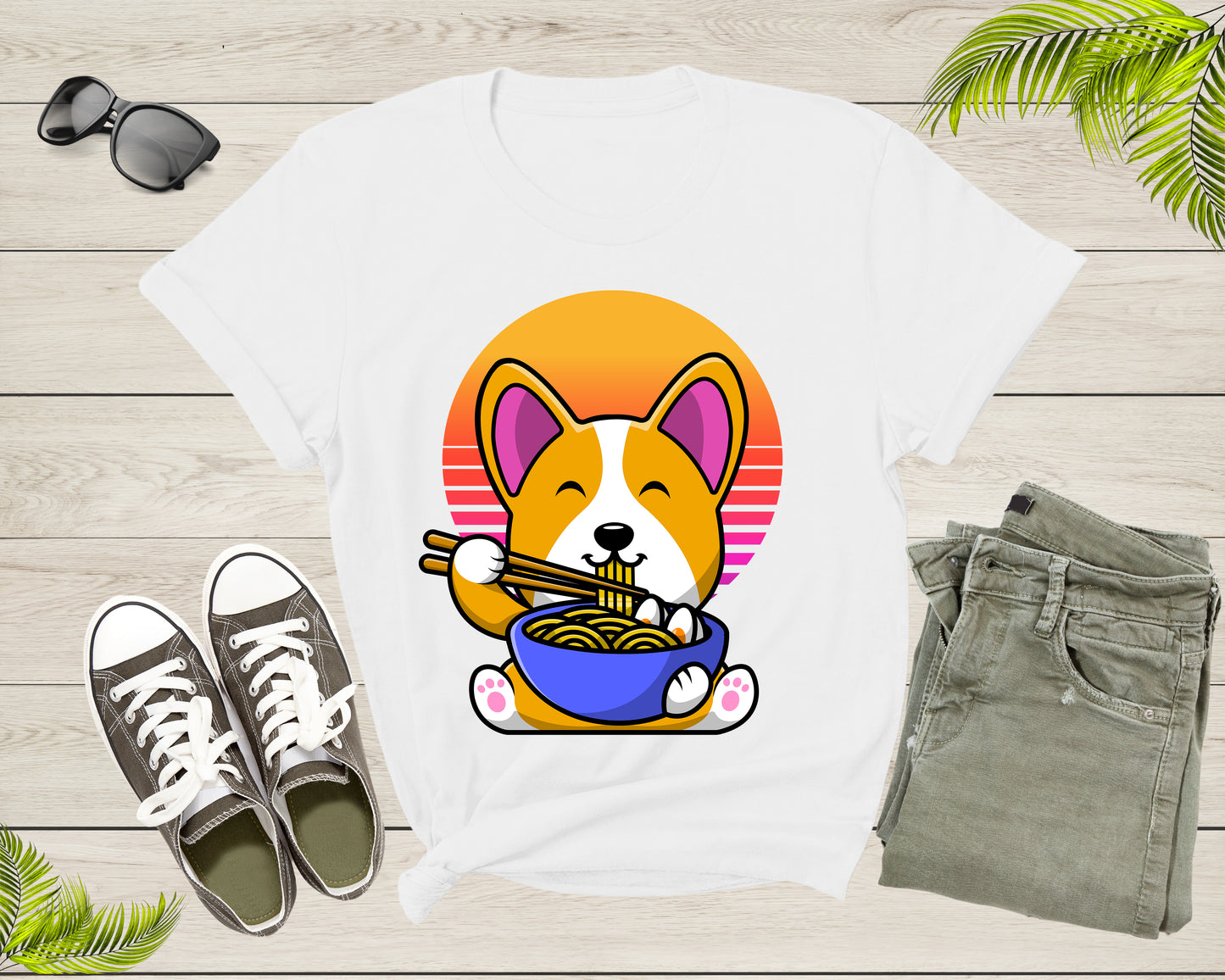 Cute Dog Mascot Eating Japanese Ramen Noodle Retro Sunset T-Shirt Ramen Lover Gift T Shirt for Men Women Kids Boys Girls Graphic Tshirt