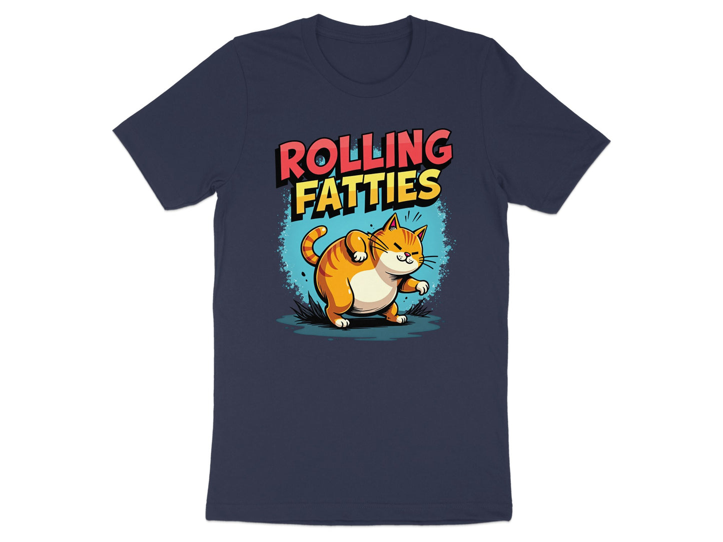 Cartoon cat with "ROLLING FATTIES" text on a navy blue t-shirt.