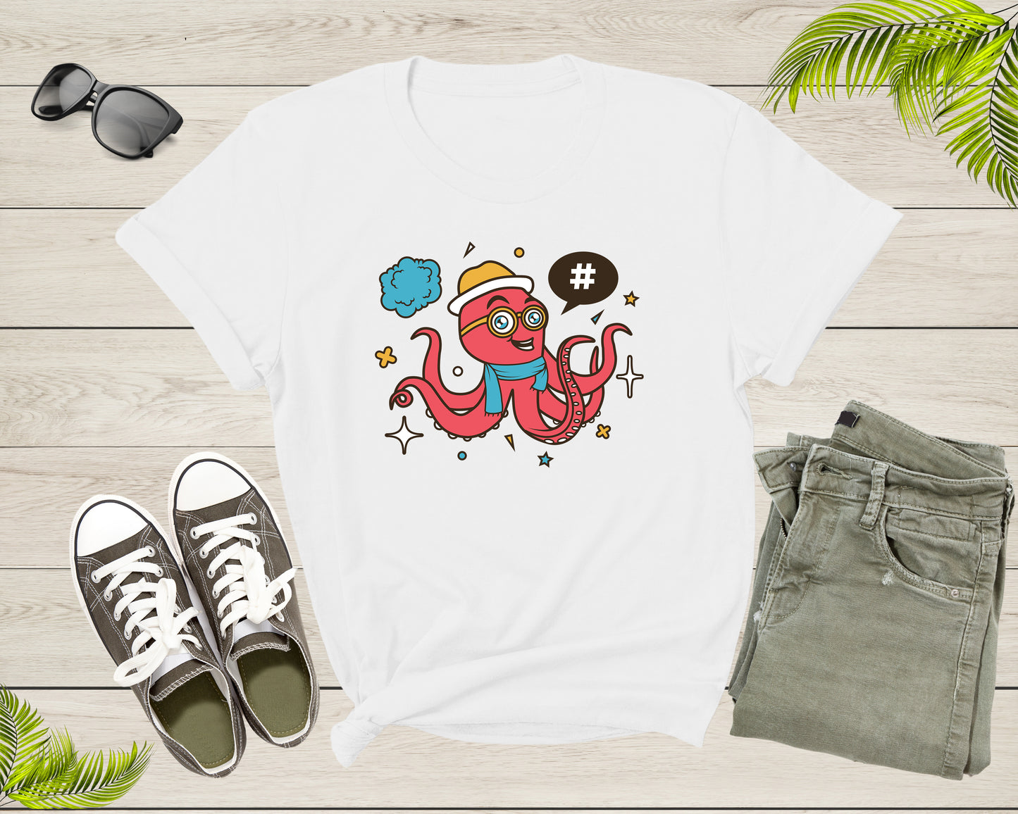 Cute Funky Hipster Cartoon Sea Ocean Octopus with Googles T-Shirt Octopus Lover Gift T Shirt for Men Women Kids Boys Girls Graphic Tshirt