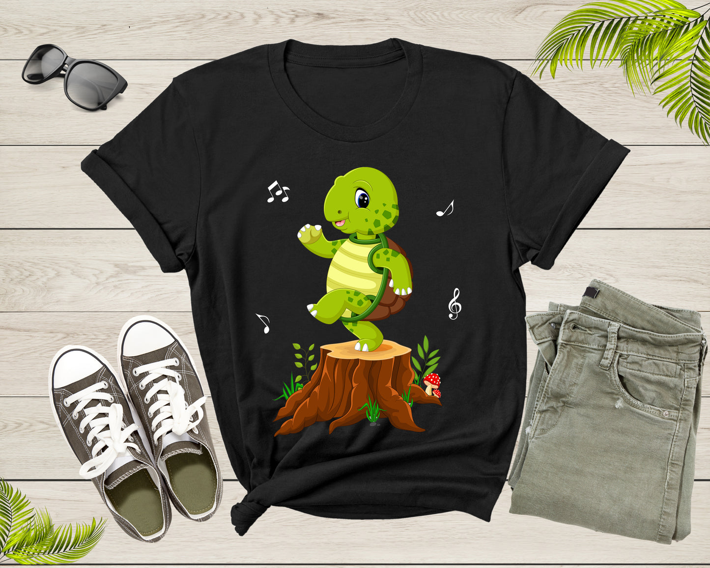 Cute Funny Green Dancing Turtle Tortoise on Brown Tree Root T-Shirt Turtle Lover Gift T Shirt for Men Women Kids Boys Girls Graphic Tshirt