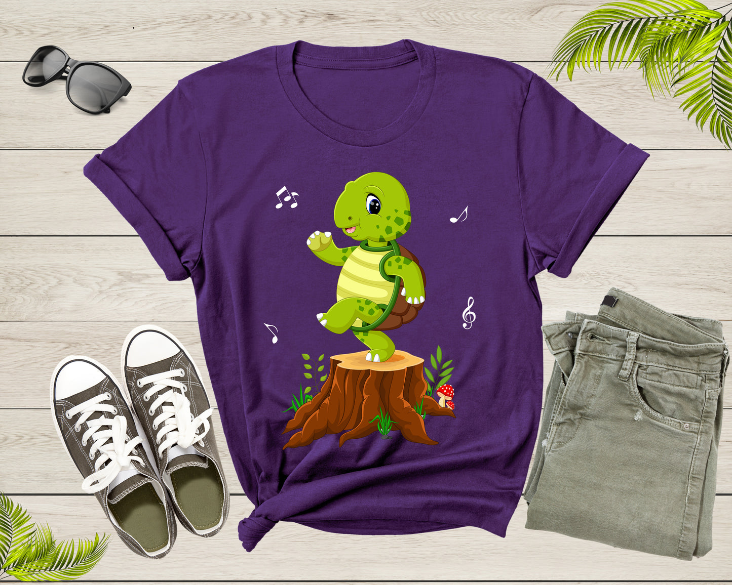 Cute Funny Green Dancing Turtle Tortoise on Brown Tree Root T-Shirt Turtle Lover Gift T Shirt for Men Women Kids Boys Girls Graphic Tshirt