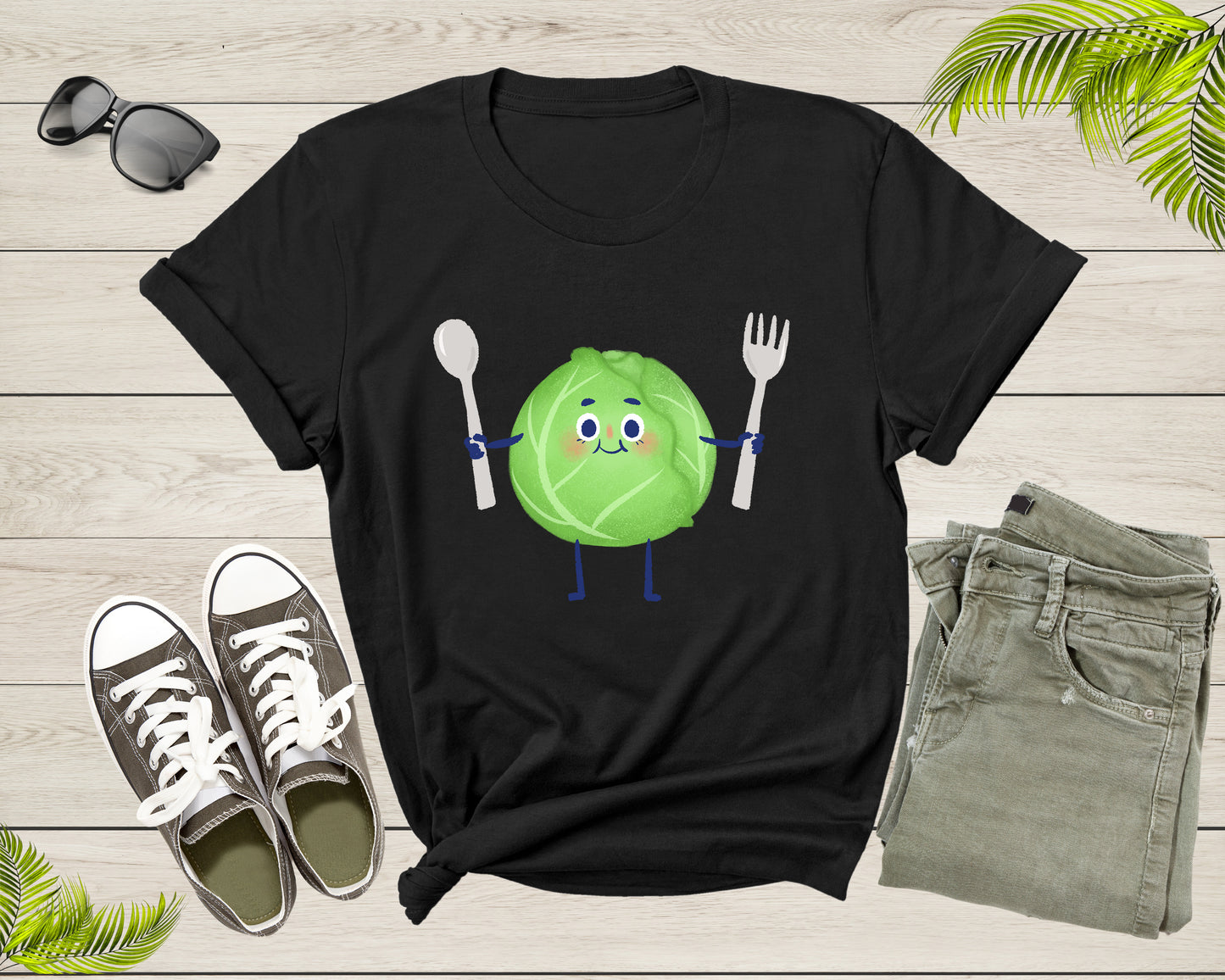 Cute Green Cabbage Vegetable Holding Fork and Spoon Standing T-Shirt Cabbage Lover Gift T Shirt for Men Women Kids Boys Girls Graphic Tshirt