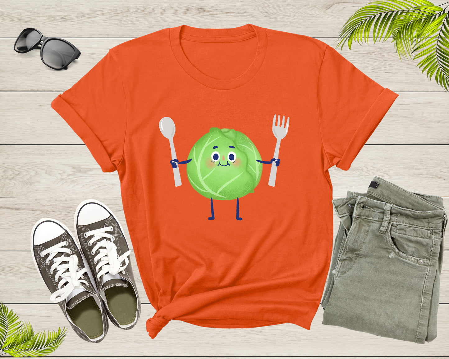 Cute Green Cabbage Vegetable Holding Fork and Spoon Standing T-Shirt Cabbage Lover Gift T Shirt for Men Women Kids Boys Girls Graphic Tshirt