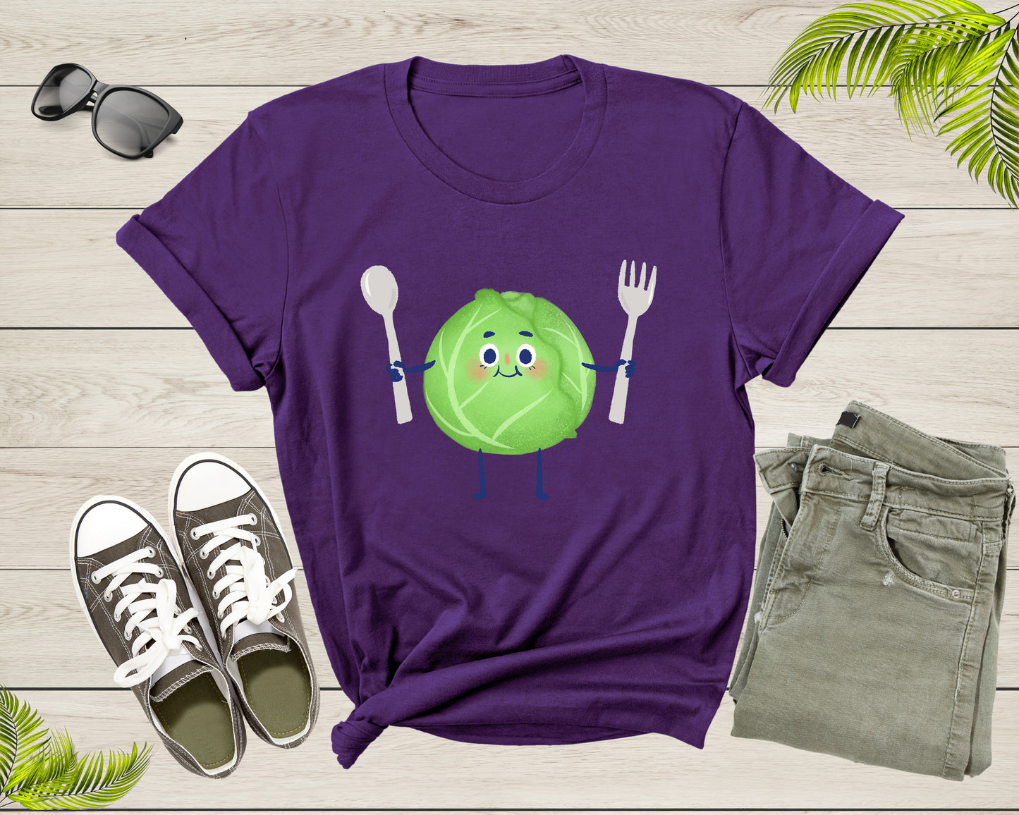 Cute Green Cabbage Vegetable Holding Fork and Spoon Standing T-Shirt Cabbage Lover Gift T Shirt for Men Women Kids Boys Girls Graphic Tshirt