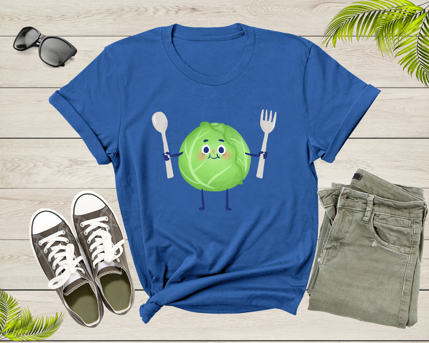 Cute Green Cabbage Vegetable Holding Fork and Spoon Standing T-Shirt Cabbage Lover Gift T Shirt for Men Women Kids Boys Girls Graphic Tshirt