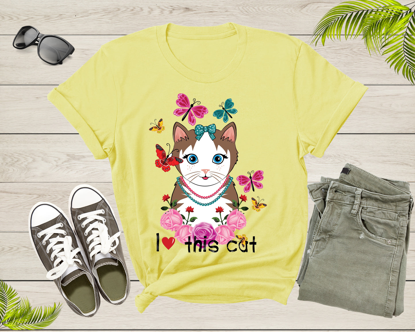 Cute I Love This Cat Butterflies and Roses for Women Girls T-Shirt Cat Lover Gift T Shirt for Men Women Kids Boys Girls Graphic Tshirt