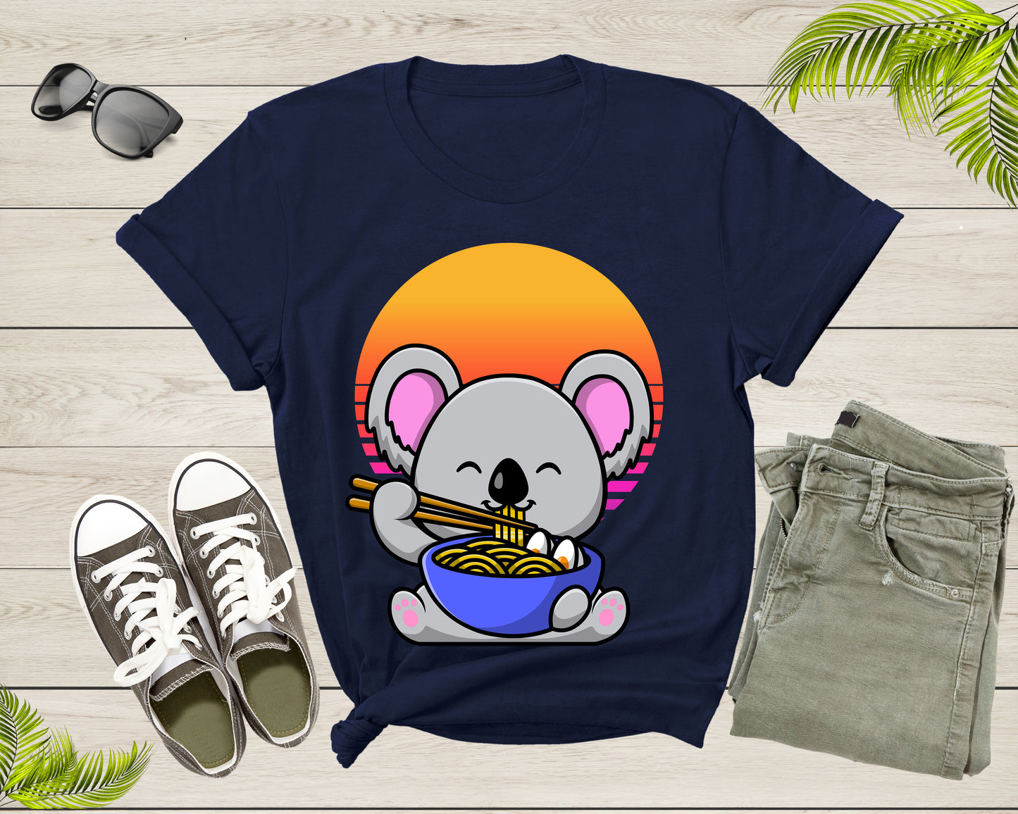 Cute Koala Mascot Eating Japanese Ramen Noodle Retro Sunset T-Shirt Koala Lover Gift T Shirt for Men Women Kids Boys Girls Graphic Tshirt