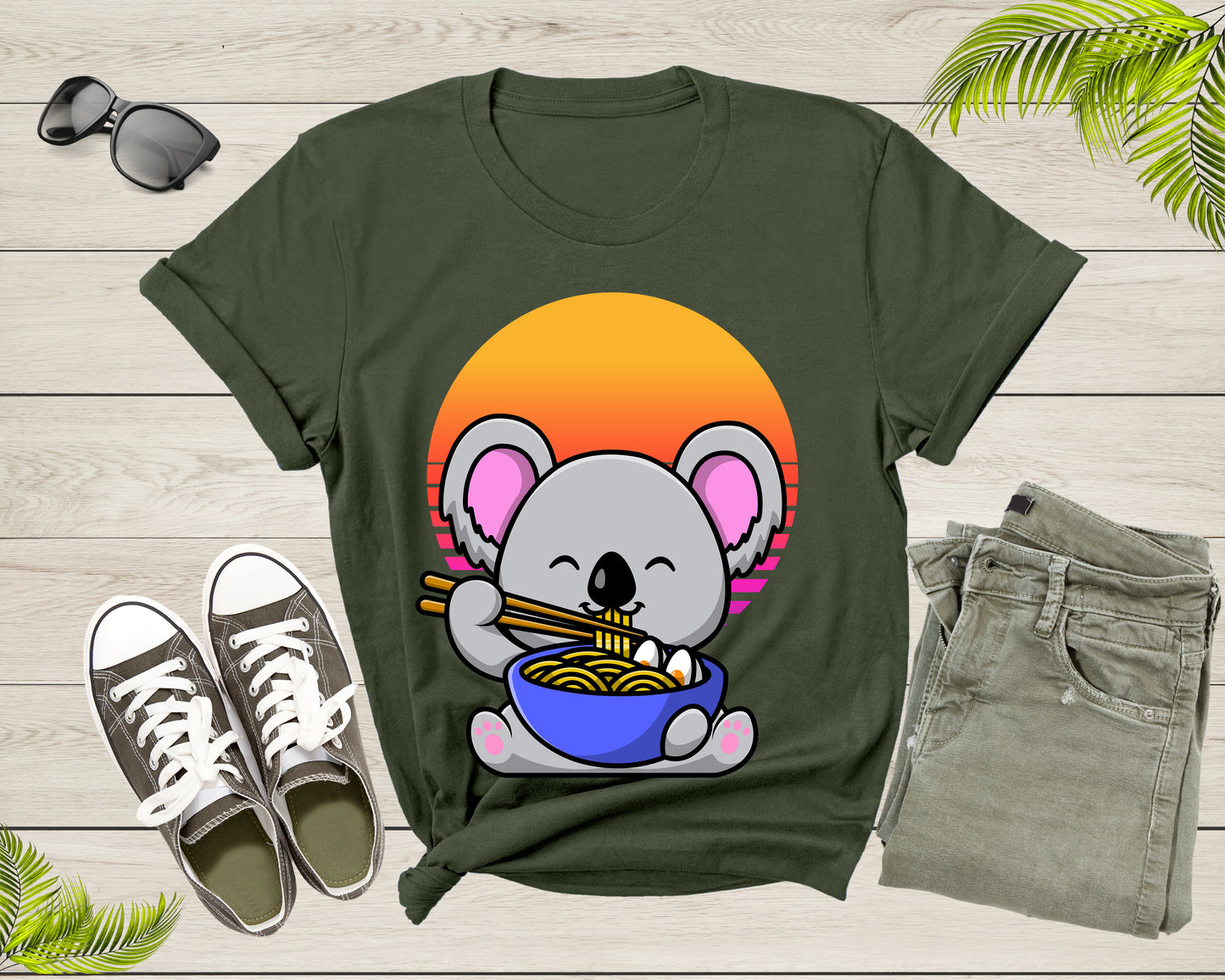 Cute Koala Mascot Eating Japanese Ramen Noodle Retro Sunset T-Shirt Koala Lover Gift T Shirt for Men Women Kids Boys Girls Graphic Tshirt