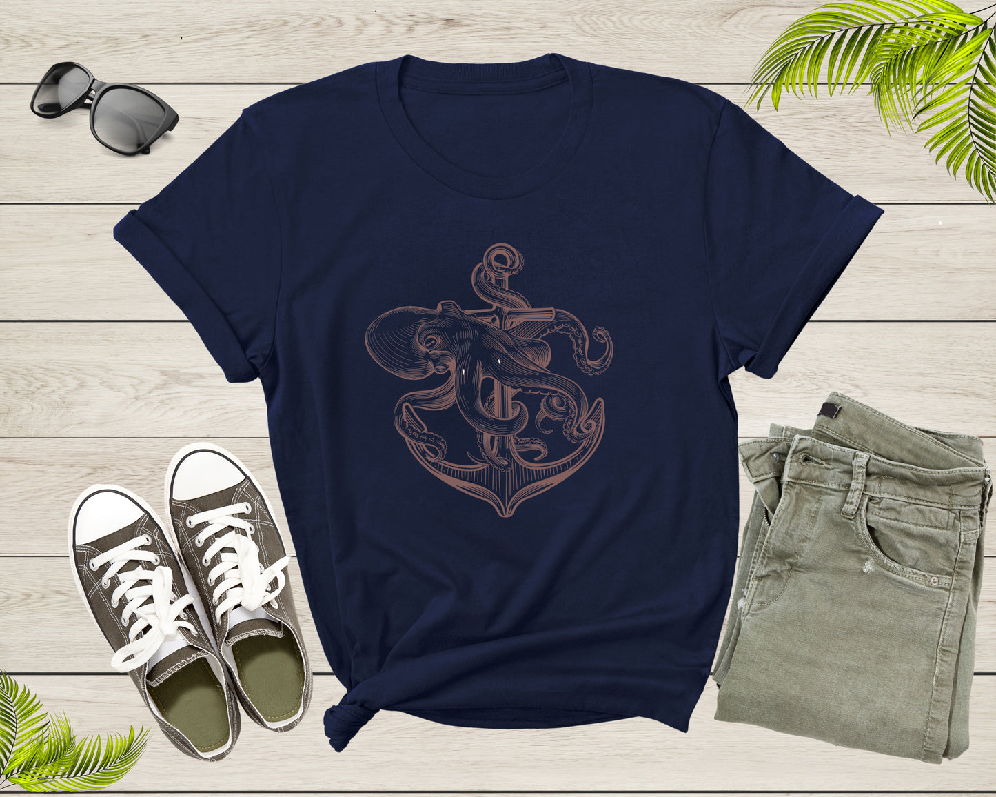 Cute Sea Ocean Octopus Holding Ship Metal Anchor in Ocean T-Shirt Octopus Lover Gift T Shirt for Men Women Kids Boys Girls Graphic Tshirt