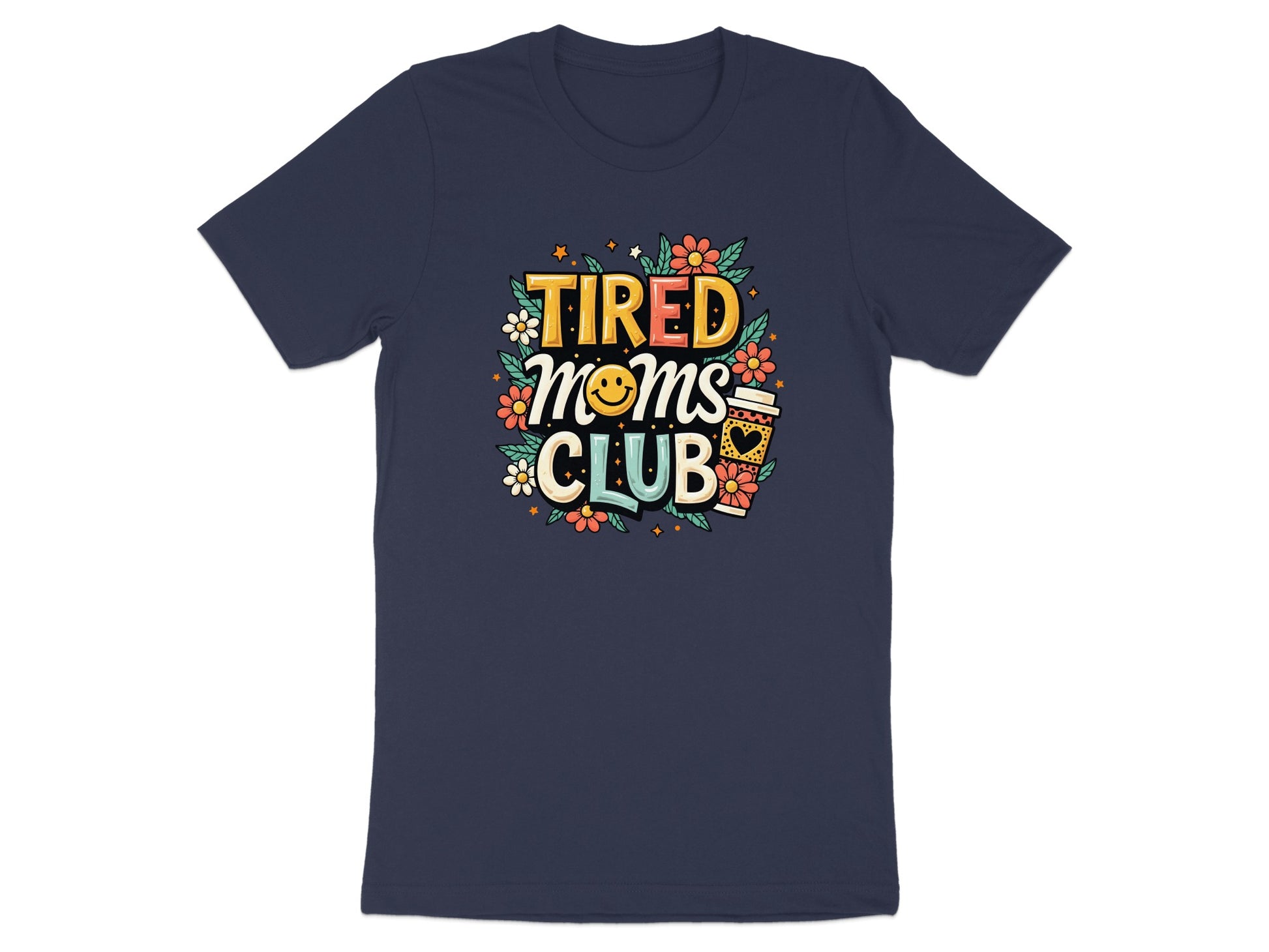 Navy t-shirt with "Tired Moms Club" text and floral graphics.